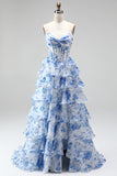 Vestido largo azul de gasa con corte en A, corsé y escote sin tirantes