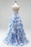 Vestido largo azul de gasa con corte en A, corsé y escote sin tirantes
