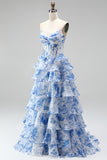 Vestido largo azul de gasa con corte en A, corsé y escote sin tirantes