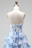 Vestido largo azul de gasa con corte en A, corsé y escote sin tirantes