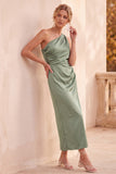 Vestido de invitado Midi de un hombro de satén verde salvia
