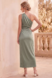 Vestido de invitado Midi de un hombro de satén verde salvia