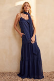 Vestido largo de invitado de boda de gasa de satén oliva con tirantes finos y bolsillos
