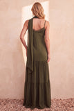 Vestido largo de invitado de boda de gasa de satén oliva con tirantes finos y bolsillos