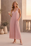 Vestido de invitado largo de boda A-line de escote rosa polvoriento con bolsillos