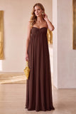 Vestido largo de invitado de boda Coffee A-Line de gasa arrotada