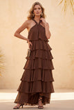 Vestido largo de invitado de novia con capas de café con capas con volantes altos y bajos de gasa