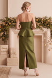 Vestido largo de invitado de boda peplum de satén de funda oliva sin tirantes con abalorios
