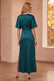 Vestido largo de invitado de boda con escote en pico de encaje azul pavo real con escote en V