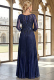 Vestido de Madre de la Novia con cuello en V azul marino con cuello en V con pliegues A