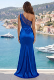 Vestido de baile de satén sirena azul real de un hombro con abertura