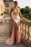 Vestido largo de baile de sirène corsé con aplicación de champán y abertura