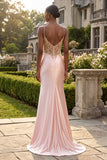 Vestido largo de baile de sirène corsé con aplicación de champán y abertura
