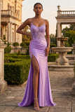 Vestido largo de baile de sirène corsé con aplicación de champán y abertura