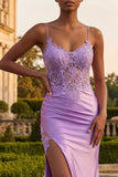Vestido largo de baile de sirène corsé con aplicación de champán y abertura