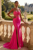 Vestido largo de baile de graduación con corsé floral de sirena con cuentas fucsia y abertura