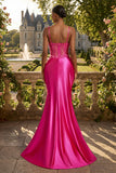 Vestido largo de baile de graduación con corsé floral de sirena con cuentas fucsia y abertura