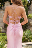 Vestido de graduación con corsé de sirena floral rosa y abertura
