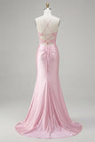 Vestido de graduación con corsé de sirena floral rosa y abertura