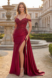 Vestido largo de baile de graduación de sirena de lentejuelas con hombros fríos y hombro frío