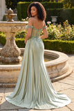 Corsé de lentejuelas sirena verde claro de hombro frío Vestido largo de baile con abertura
