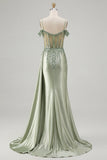 Corsé de lentejuelas sirena verde claro de hombro frío Vestido largo de baile con abertura