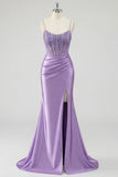 Vestido de baile de sirena con corsé lavanda y abertura