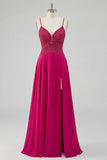 Vestido largo de graduación de Rose A Line con tirantes finos y tirantes finos