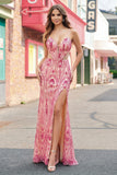 Vestido largo largo de baile de sirena rosa con cuentas