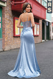 Vestido de fin de curso de sirena con corsé gris azul y abalorado