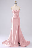 Corsé de sirena de satén sin tirantes fucsia Vestido largo de graduación PLus con abertura