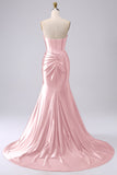 Corsé de sirena de satén sin tirantes fucsia Vestido largo de graduación PLus con abertura