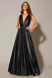 Vestido formal plisado en línea A metálico dorado