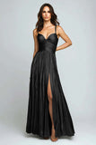 Vestido formal plisado metálico Sliver A Line con abertura