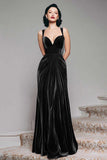 Vestido largo formal de terciopelo negro en línea A