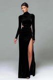 Vestido de fiesta de terciopelo negro de cuello alto con mangas largas y abertura