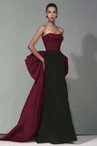 Vestido Formal Largo de Sirena Sin Tirantes Negro y Rojo con Lazo