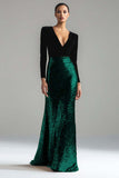 Vestido largo formal con cuello en V dorado y negro brillante