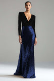 Vestido largo formal con cuello en V dorado y negro brillante