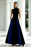 Elegante vestido formal largo de cuello alto en blanco y negro