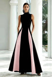 Elegante vestido formal largo de cuello alto en blanco y negro