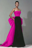 Vestido Formal Largo de Sirena Sin Tirantes Negro y Rojo con Lazo