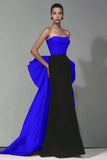Vestido Formal Largo de Sirena Sin Tirantes Negro y Rojo con Lazo