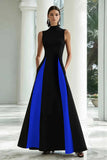 Elegante vestido formal largo de cuello alto en blanco y negro