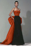 Vestido Formal Largo de Sirena Sin Tirantes Negro y Rojo con Lazo