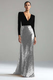 Vestido largo formal con cuello en V dorado y negro brillante