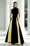 Elegante vestido formal largo de cuello alto en blanco y negro