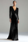Vestido largo formal con cuello en V dorado y negro brillante