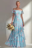 Vestido largo largo de dama de honor verde de la línea A con estampado floral y volantes