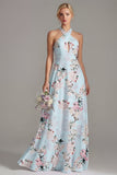 Vestido largo largo de dama de honor rosa con escote en A y cuello halter